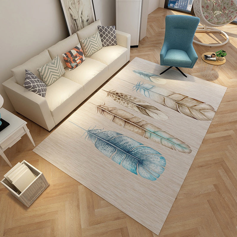 Stylish Feather Pattern Rug with Leaf Grey Contemporary Rug Polyester Pet Friendly Non-Slip Backing Washable Area Rug for Living Room