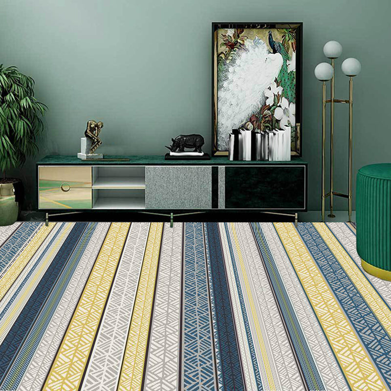 Stylish Striped Pattern Rug with Flower Grey and Yellow Bohemian Rug Synthetics Pet Friendly Non-Slip Backing Washable Area Rug for Living Room