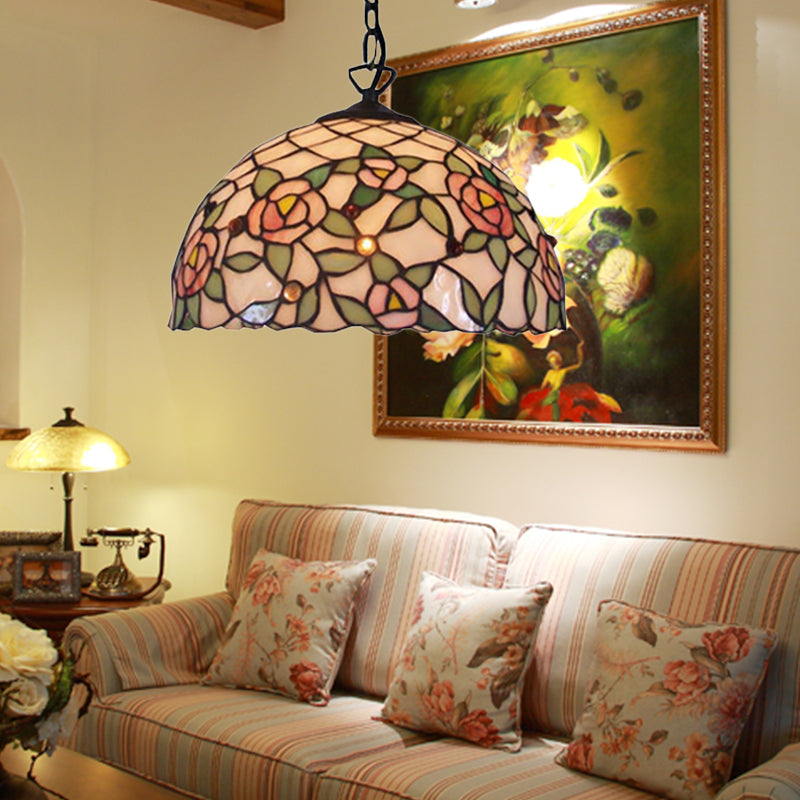 Domed Suspension Lighting 1 Bulb Pink Hand Cut Glass Tiffany-Style Hanging Ceiling Light with Flower Pattern