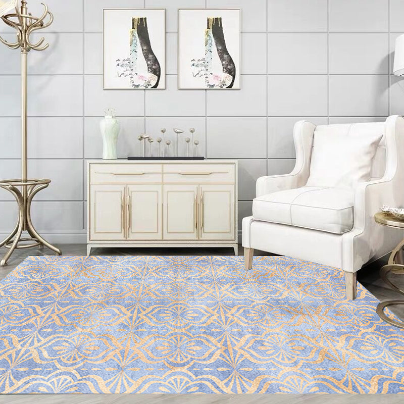Retro Tribal Geometric Pattern Rug Brown and Blue Rug Polyester Washable Pet Friendly Anti-Slip Carpet for Living Room