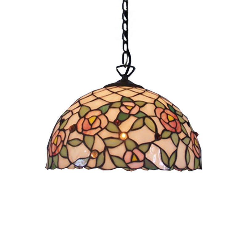 Domed Suspension Lighting 1 Bulb Pink Hand Cut Glass Tiffany-Style Hanging Ceiling Light with Flower Pattern