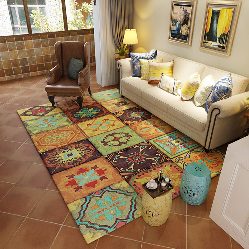 Multicolor Retro Rug Polyester Tribal Pattern Rug Pet Friendly Washable Anti-Slip Backing Carpet for Decoration