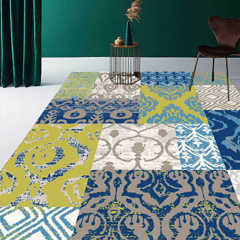 Vintage Tribal Pattern Rug Green and Blue Rug Polyester Washable Pet Friendly Anti-Slip Carpet for Living Room