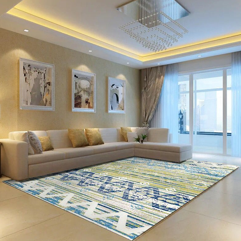 Vintage Tribal Pattern Rug Green and Blue Rug Polyester Washable Pet Friendly Anti-Slip Carpet for Living Room
