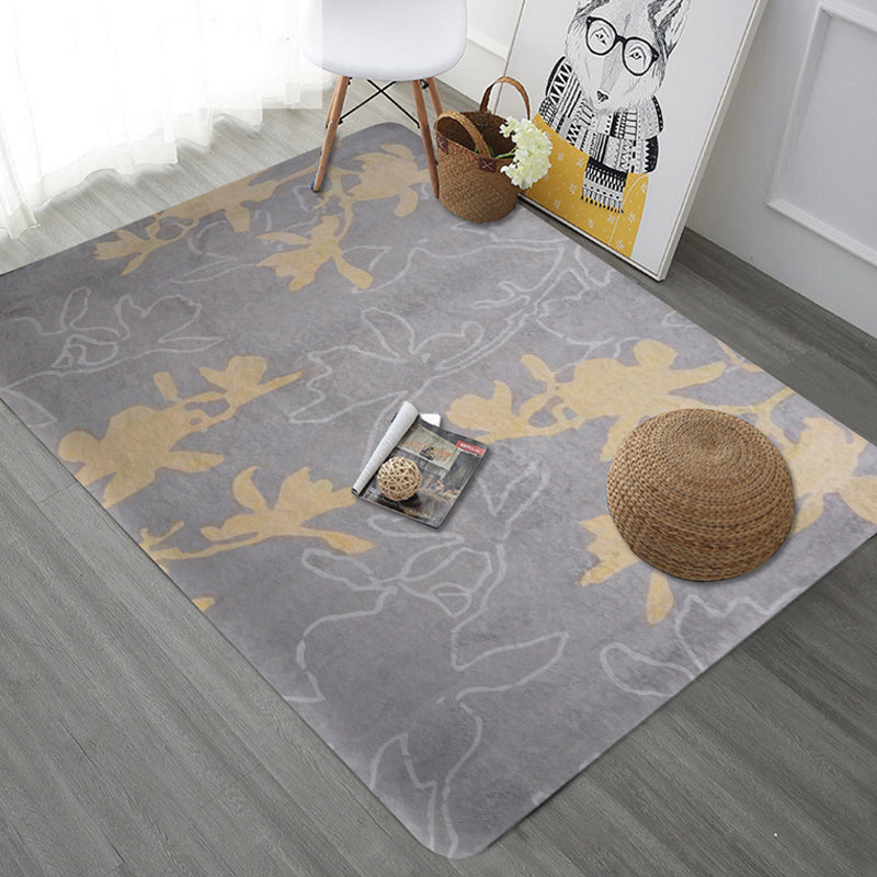 Unique Botanical Pattern Rug Grey Modernist Rug Polyester Washable Pet Friendly Anti-Slip Carpet for Living Room