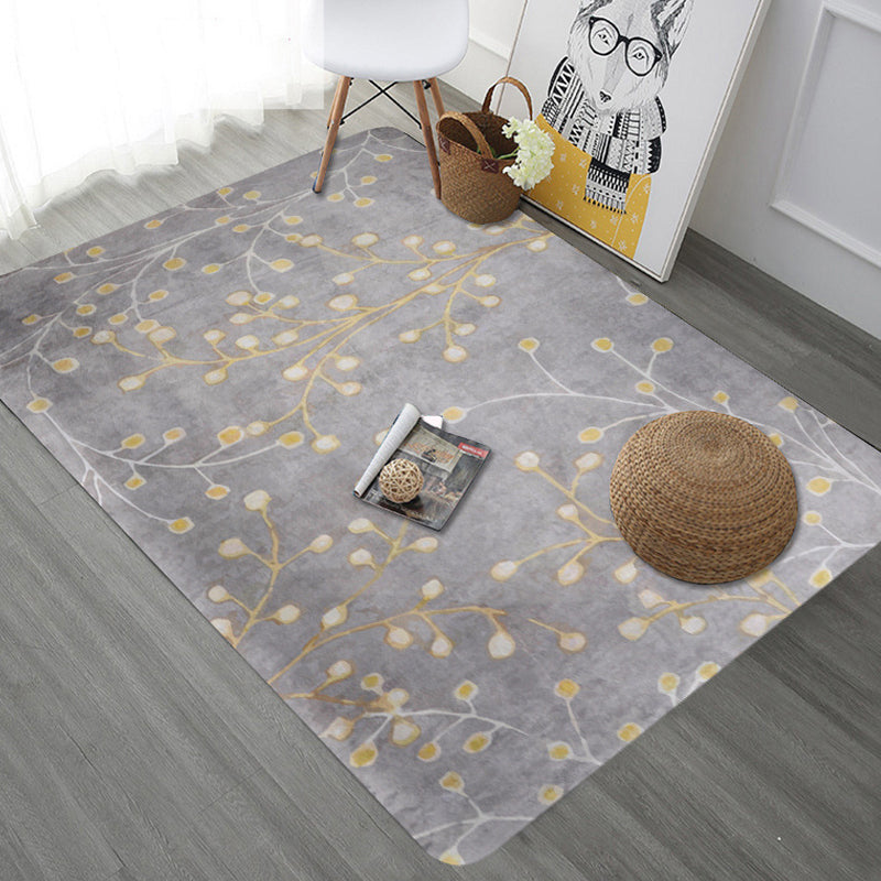 Unique Botanical Pattern Rug Grey Modernist Rug Polyester Washable Pet Friendly Anti-Slip Carpet for Living Room