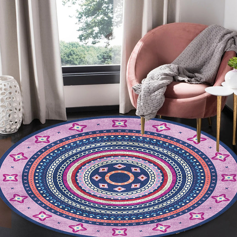 Moroccan Tribal Circles Pattern Rug Multicolor Bohemian Rug Polyester Pet Friendly Non-Slip Backing Washable Area Rug for Living Room