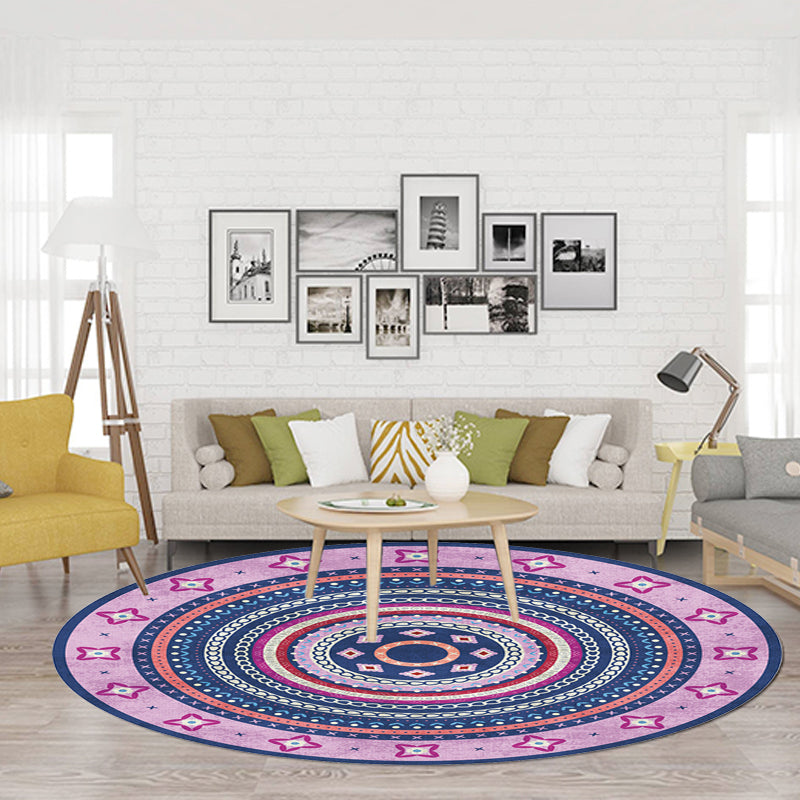 Moroccan Tribal Circles Pattern Rug Multicolor Bohemian Rug Polyester Pet Friendly Non-Slip Backing Washable Area Rug for Living Room
