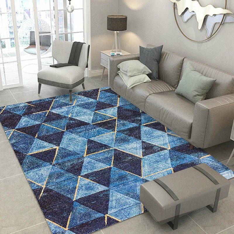 Stylish Geometric Pattern Rug Blue Novelty Rug Polyester Pet Friendly Non-Slip Backing Washable Area Rug for Living Room
