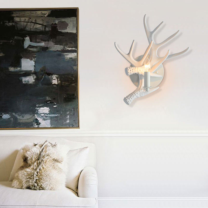 Rustic Style Antlers Wall Lamp Resin Single Bulb Sconce Light in White Finish for Lodge Villa