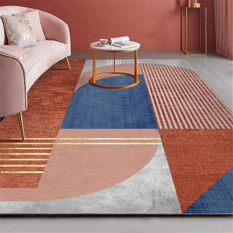 Modern Geometric Pattern Rug with Striped Red Multicolor Polyester Rug Washable Pet Friendly Non-Slip Area Rug for Living Room