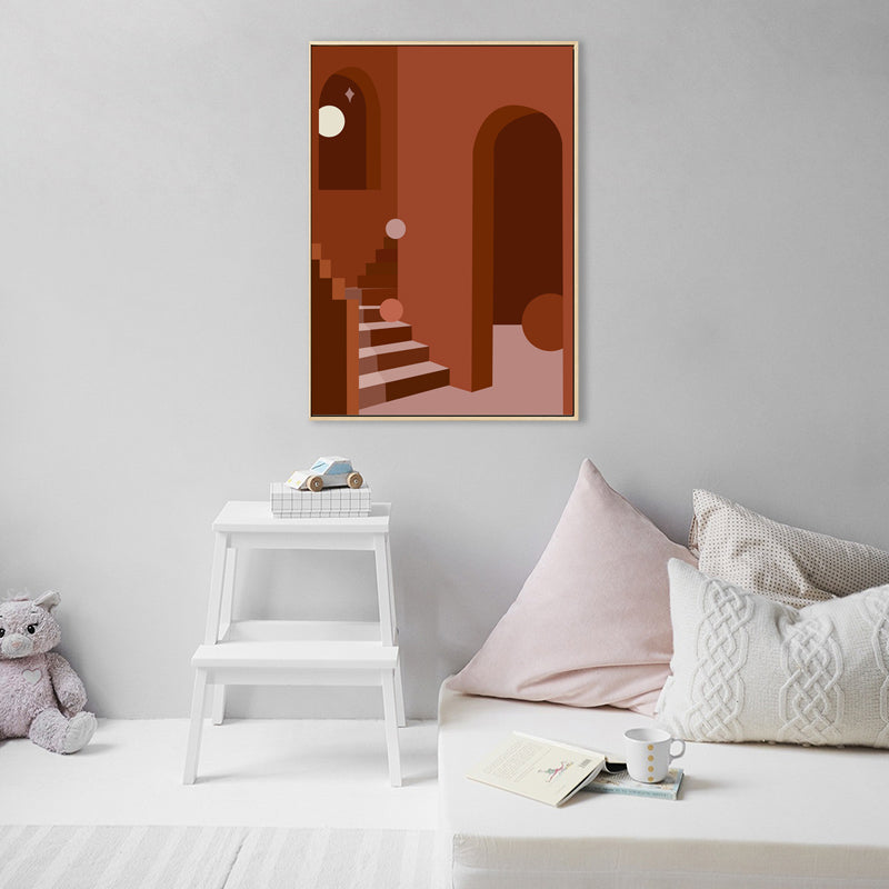 Nordic Style Indoor Staircase Painting in Soft Color Textured Canvas for Dining Room