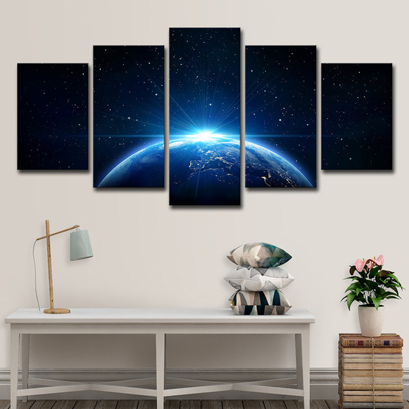 Planet and Starry Sky Canvas Art Science Fiction Multi-Piece Wall Decor in Blue for Kids Room