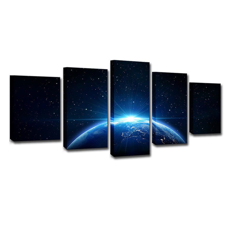 Planet and Starry Sky Canvas Art Science Fiction Multi-Piece Wall Decor in Blue for Kids Room