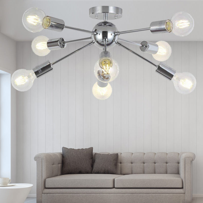 Metal Linear Semi Flush Mount Light with Small Ball Restaurant 8 Heads Modern Ceiling Lamp
