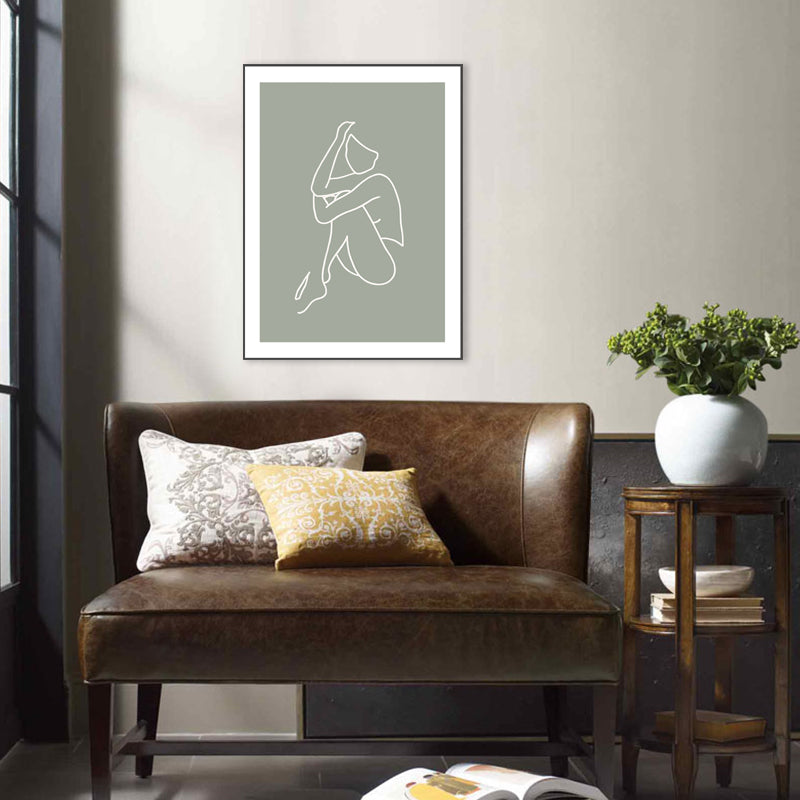 Minimalism Line Drawing Woman Canvas Green-White Textured Wall Art Print for Room