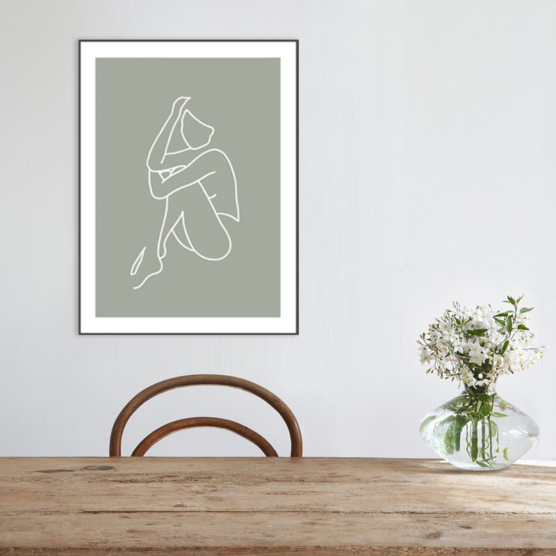 Minimalism Line Drawing Woman Canvas Green-White Textured Wall Art Print for Room