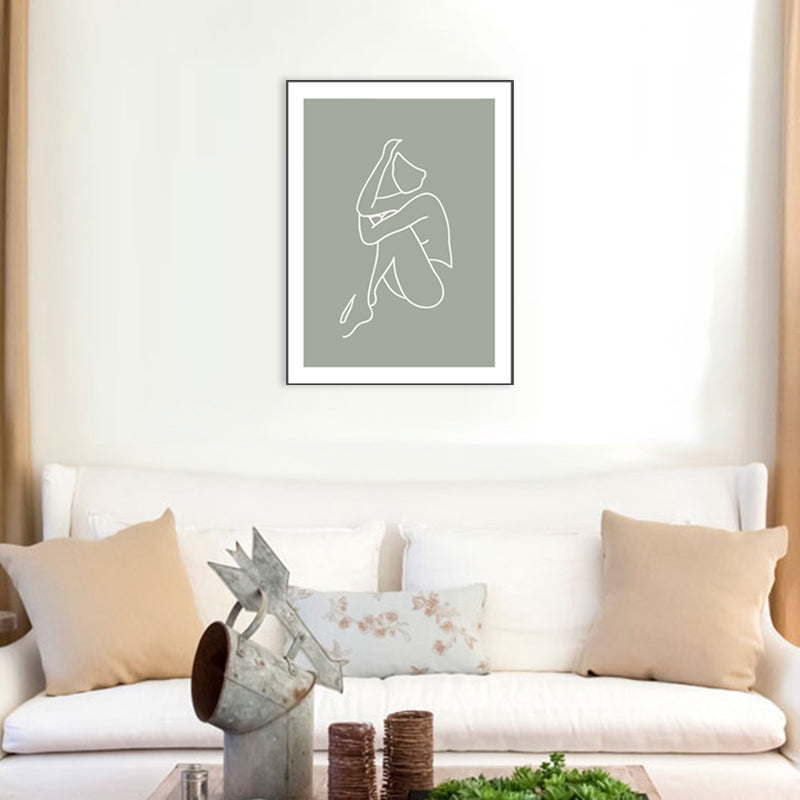 Minimalism Line Drawing Woman Canvas Green-White Textured Wall Art Print for Room