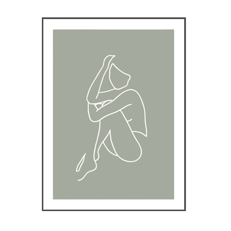 Minimalism Line Drawing Woman Canvas Green-White Textured Wall Art Print for Room