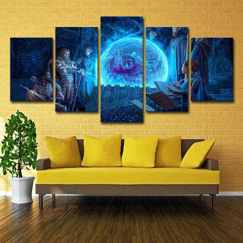 Digital Print Cartoon Canvas Wall Art with the Elder Scrolls Scheming Scene in Blue