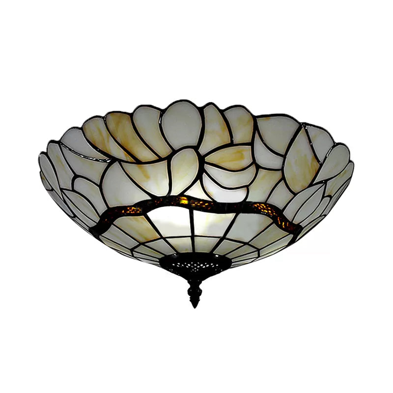 White/Beige Glass Bowl Flush Light Tiffany Style 3 Lights Flush Ceiling Light for Living Room