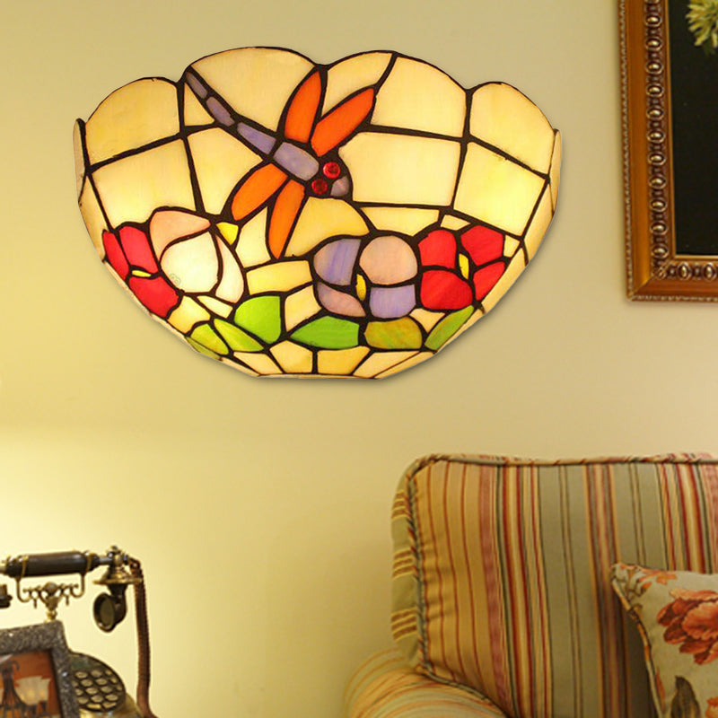 Dragonfly Wall Sconce Light Lodge Stained Glass 2 Bulbs Wall Mount Light with Bowl Shade