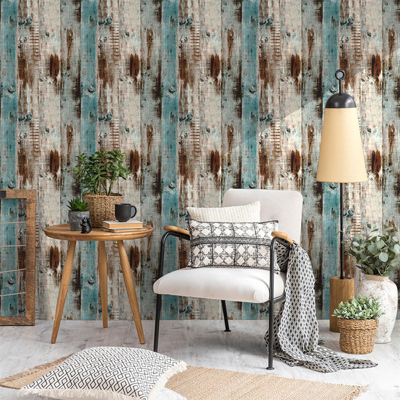 Distressed Wood Wallpaper Roll Brown and Blue Farmhouse Wall Art for Home, Stick On