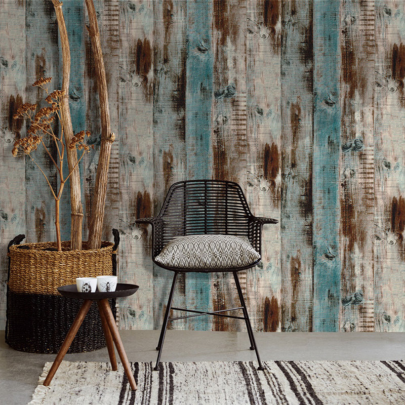 Distressed Wood Wallpaper Roll Brown and Blue Farmhouse Wall Art for Home, Stick On