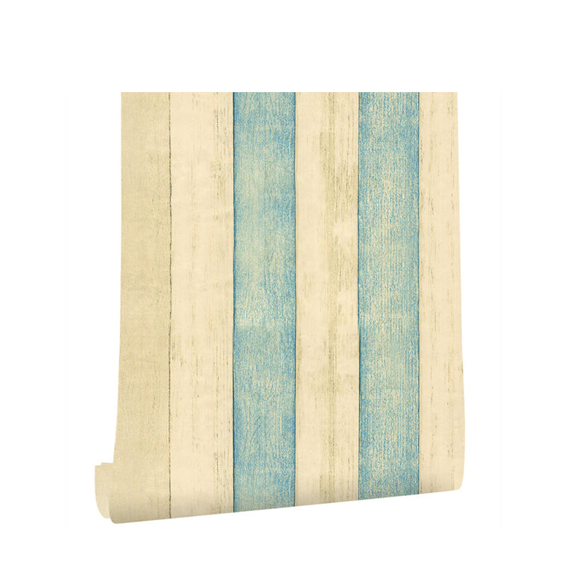 Wood Look Stripes Wallpaper Roll Rustic PVC Adhesive Wall Covering in Yellow-Blue for Room