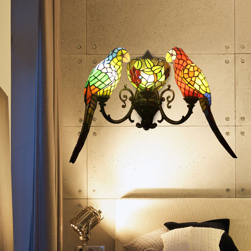 Stained Glass Parrots Wall Lighting 2 Lights Tiffany Rustic Wall Sconce Light with Bowl Shade in Antique Bronze