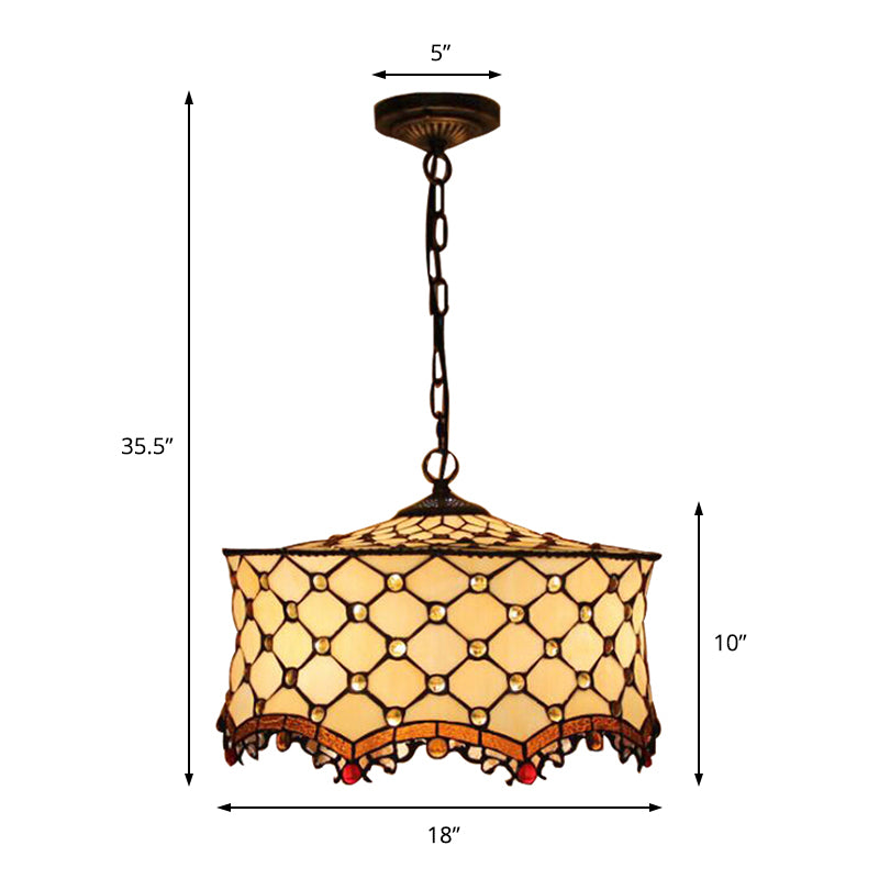 Beige Jeweled Deckenlampe Tiffany Stylish 3 Köpfe Edelstahlglas Anhänger Beleuchtung mit Drum Shade