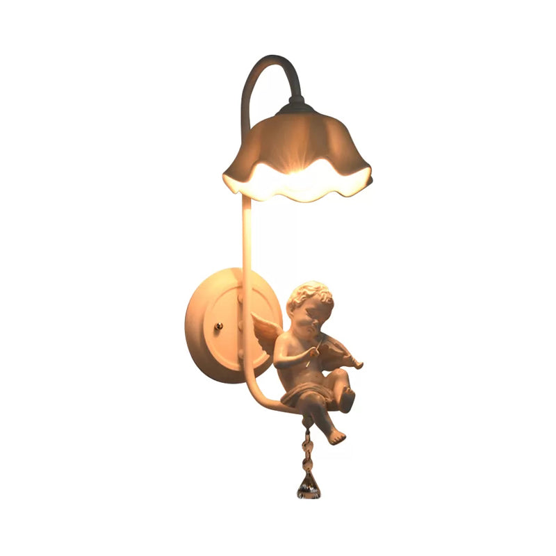 Modern Flower Wall Light with Angel 1 Light Metal Sconce Lamp in White for Bathroom