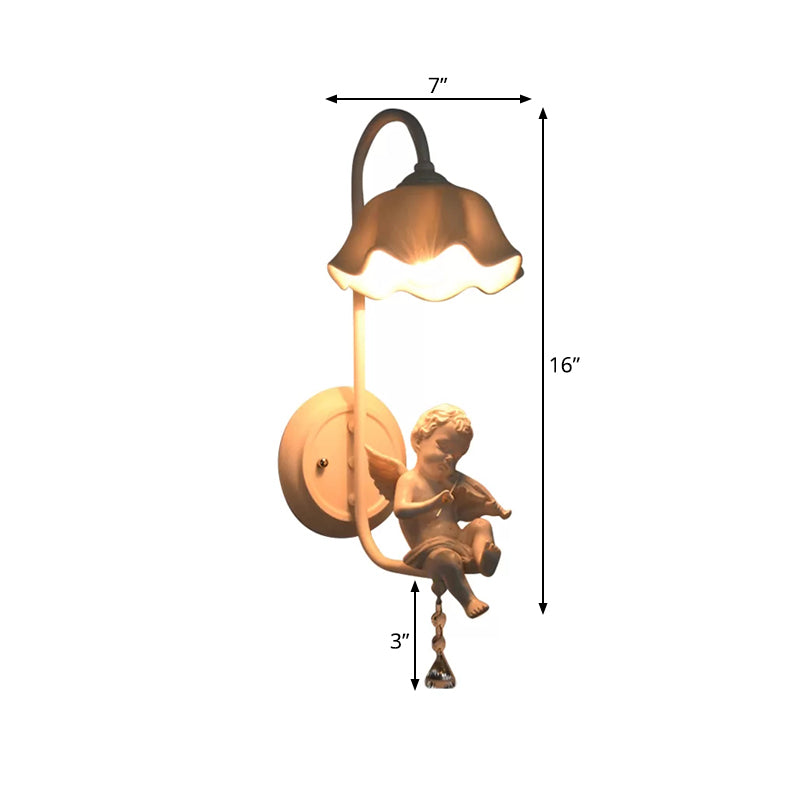 Modern Flower Wall Light with Angel 1 Light Metal Sconce Lamp in White for Bathroom