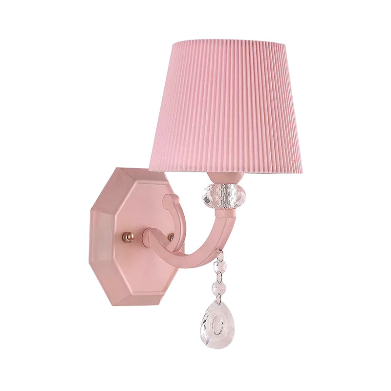 Fabric Fold Tapered Wall Lamp with Clear Crystal Girls Bedroom Kids Sconce Light in Pink Finish