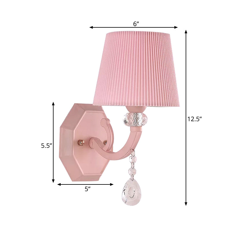 Fabric Fold Tapered Wall Lamp with Clear Crystal Girls Bedroom Kids Sconce Light in Pink Finish