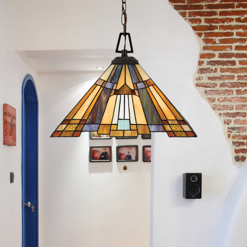 8 "/12"/16 "Iluminación colgante cónica de ancho Tiffany 1 Bulbo Lámpara colgante de vidrieras ámbar para dormitorio