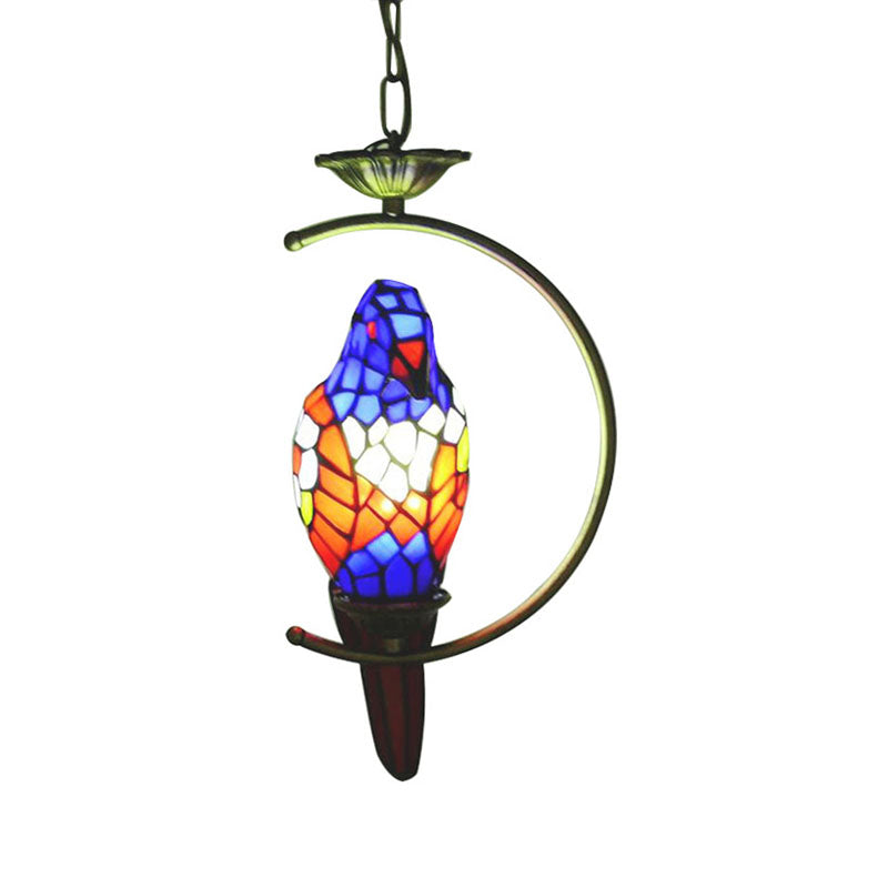 Blue/Green Parrot Suspension Pendant Light Tiffany Style 1 Light Stained Art Glass Ceiling Lamp for Bedroom