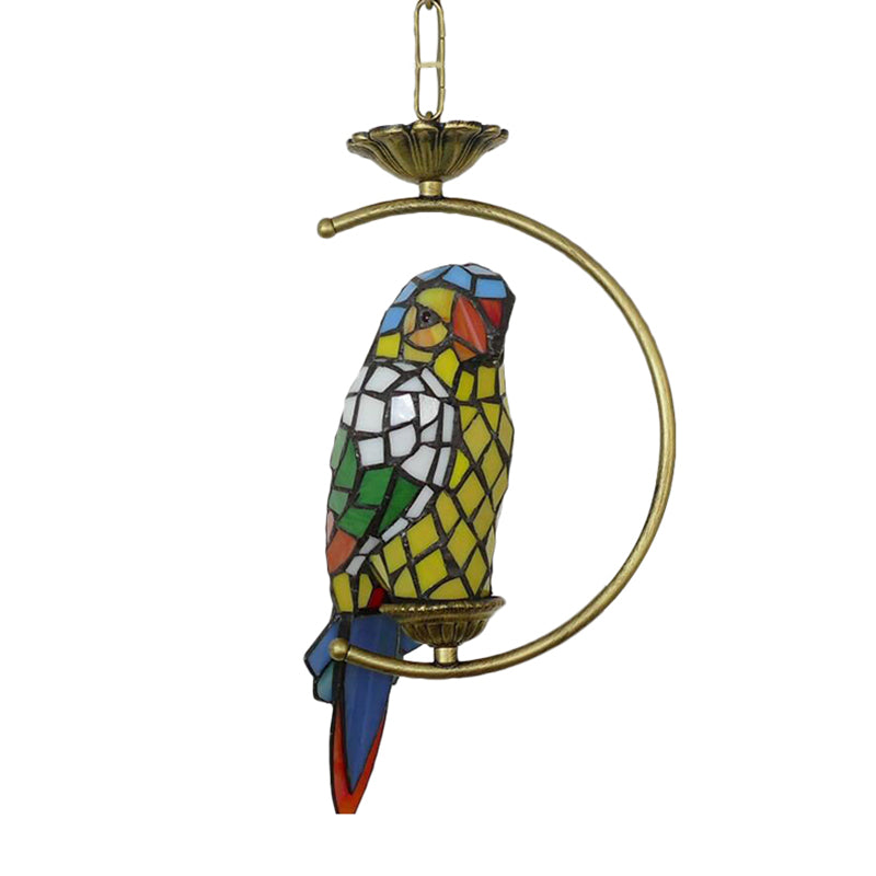 Blue/Green Parrot Suspension Pendant Light Tiffany Style 1 Light Stained Art Glass Ceiling Lamp for Bedroom