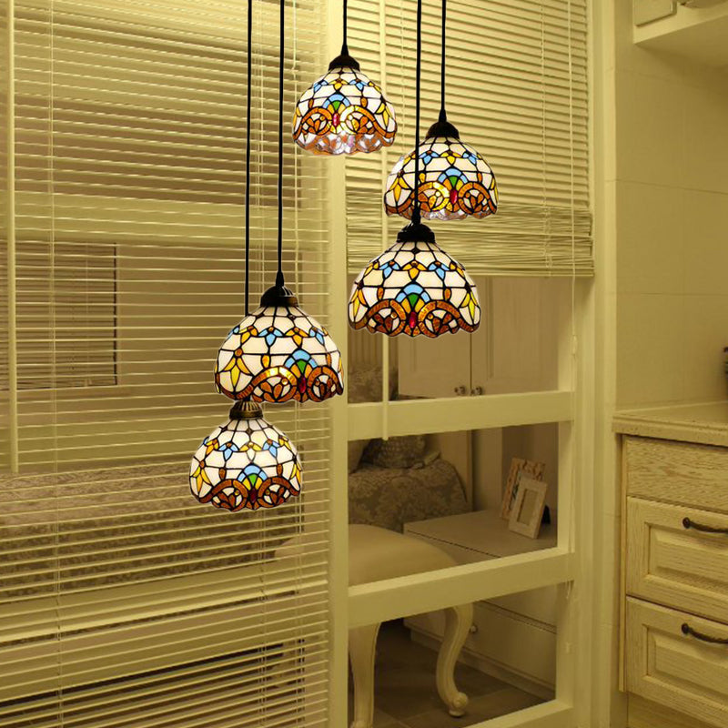 Dining Room Lighting Glass Bell Cascade Pendant Light with Blue/Beige Glass Shade Baroque Style