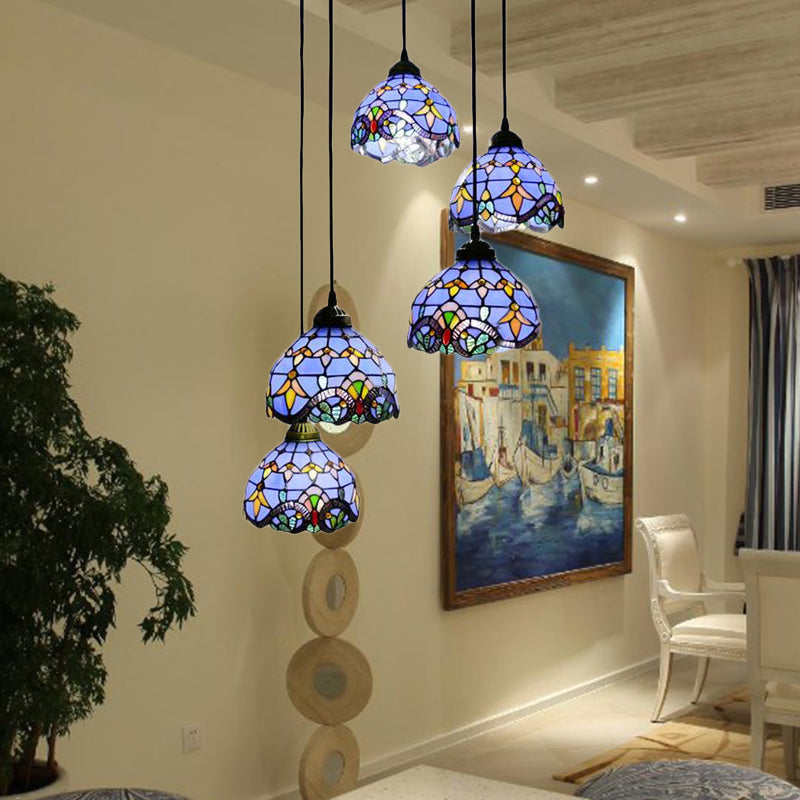 Dining Room Lighting Glass Bell Cascade Pendant Light with Blue/Beige Glass Shade Baroque Style