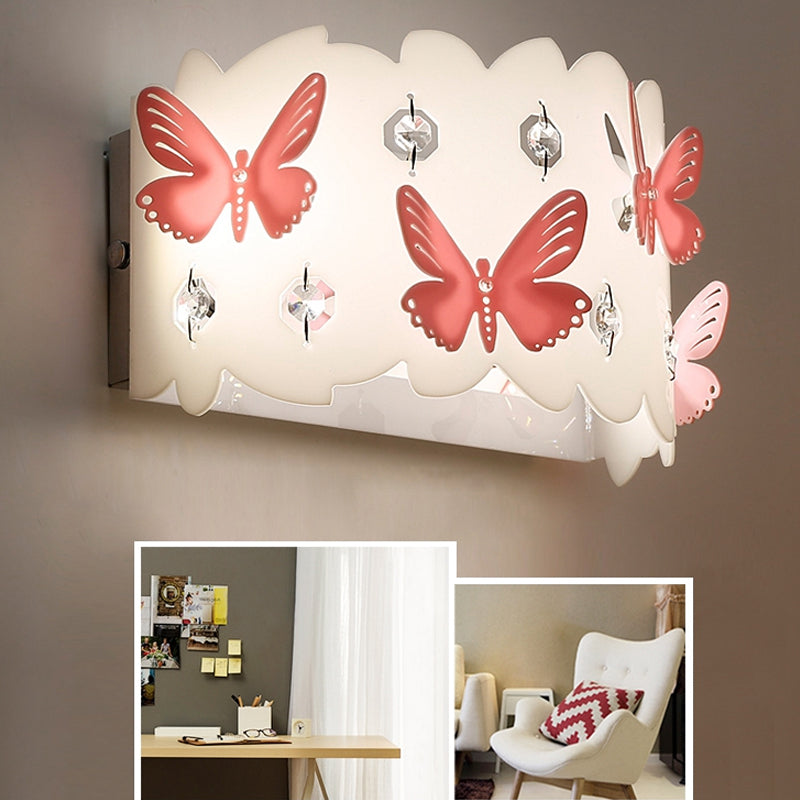Girls Bedroom Wall Sconce with Etched Pink Butterfly Metal Romantic White Wall Lamp