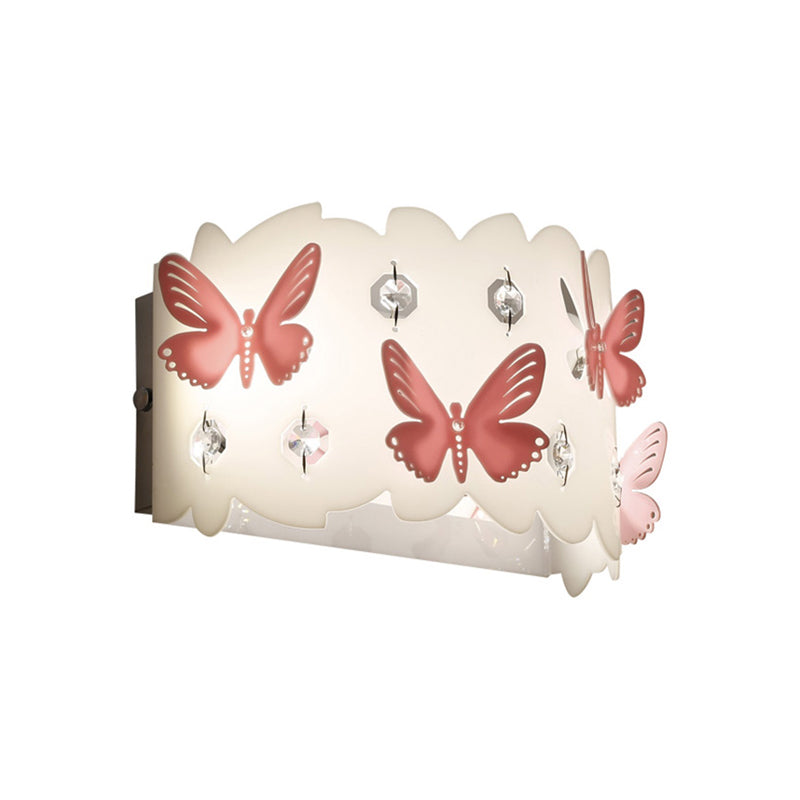 Girls Bedroom Wall Sconce with Etched Pink Butterfly Metal Romantic White Wall Lamp