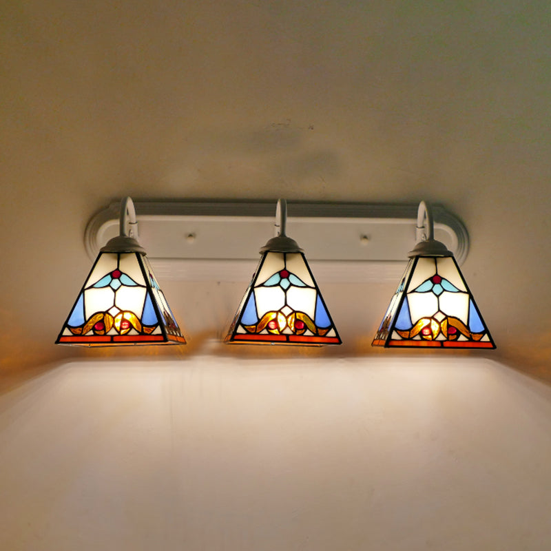 3 Head Wall Light Fixture Tiffany Pyramid Stained Glass Sconce Lighting in White