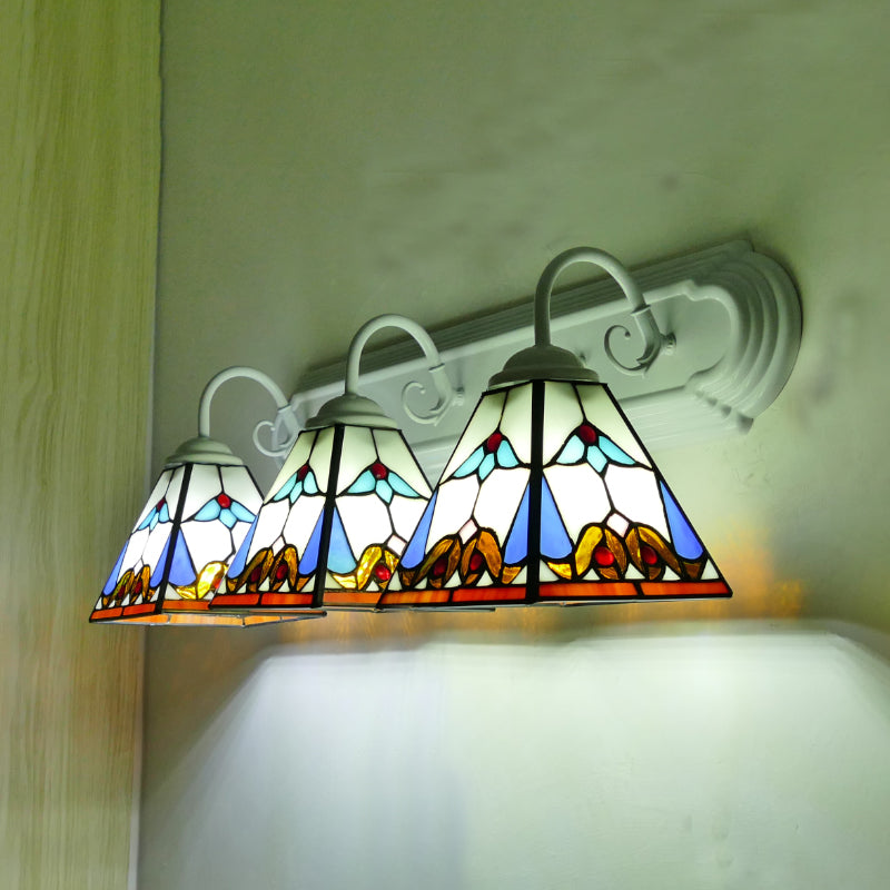 3 Head Wall Light Fixture Tiffany Pyramid Stained Glass Sconce Lighting in White