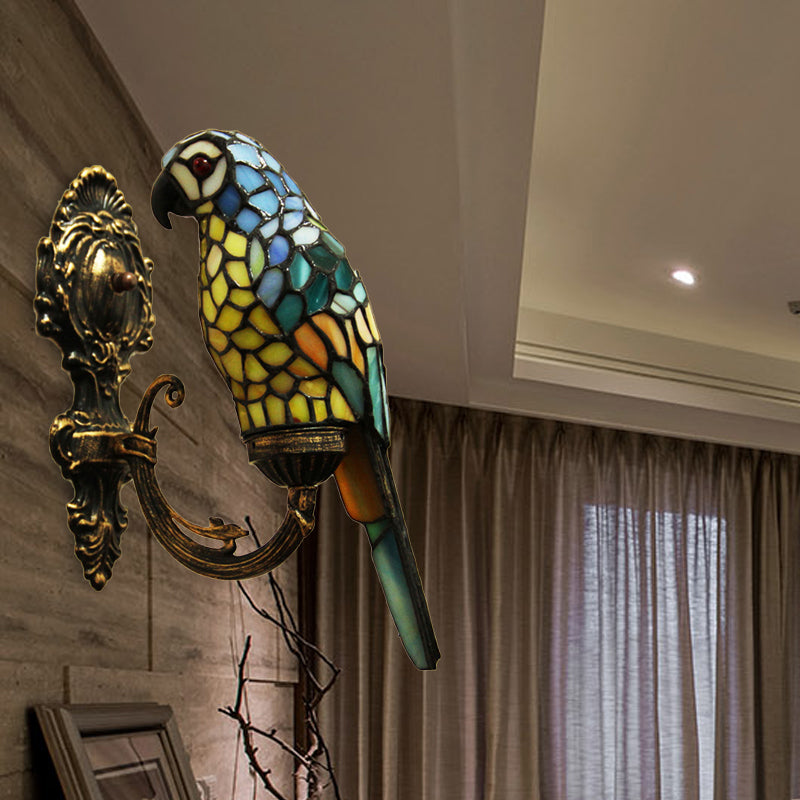 1 Light Parrot Wall Sconce Light Rustic Loft Stained Glass Wall Lighting in Red/Blue for Bedroom