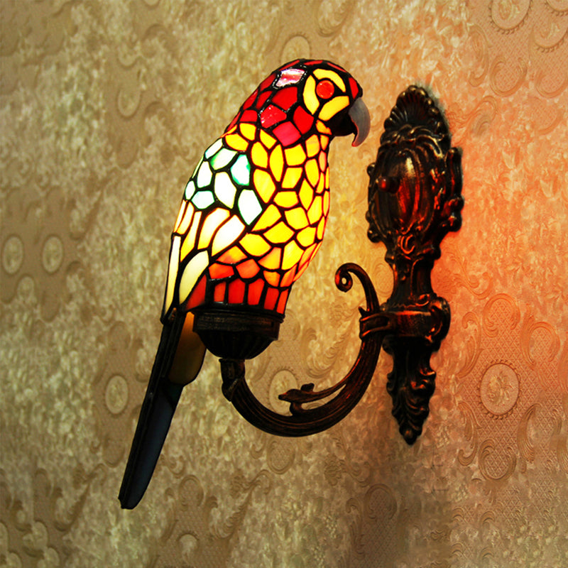 1 Light Parrot Wall Sconce Light Rustic Loft Stained Glass Wall Lighting in Red/Blue for Bedroom