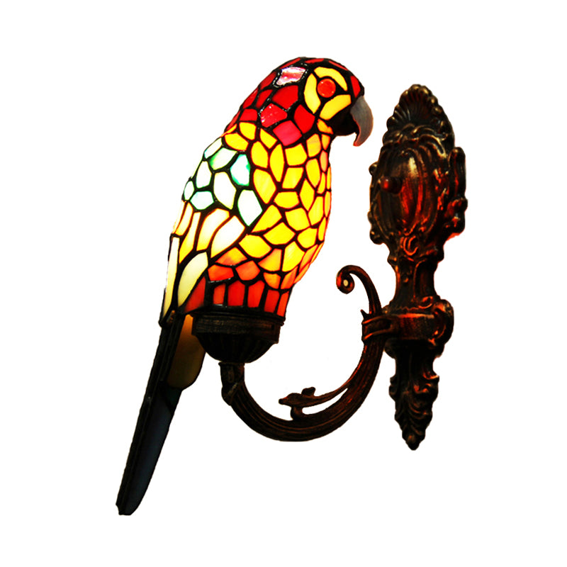 1 Light Parrot Wall Sconce Light Rustic Loft Stained Glass Wall Lighting in Red/Blue for Bedroom