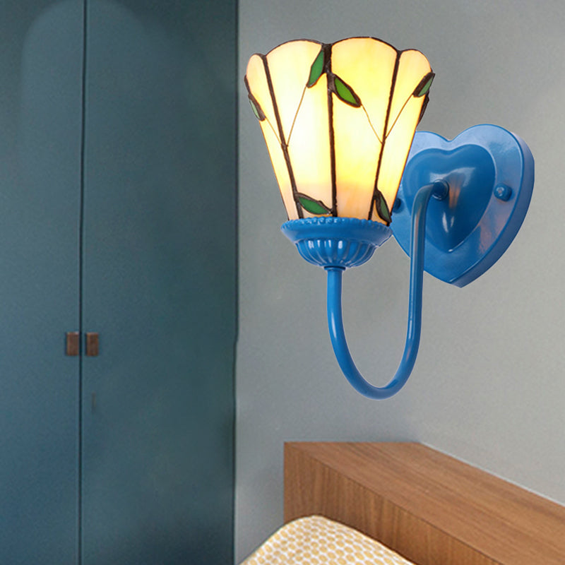 Lily Beige Glass Wall Light Fixture Tiffany 1 Head White/Blue/Antique Brass Sconce Lighting for Bedroom