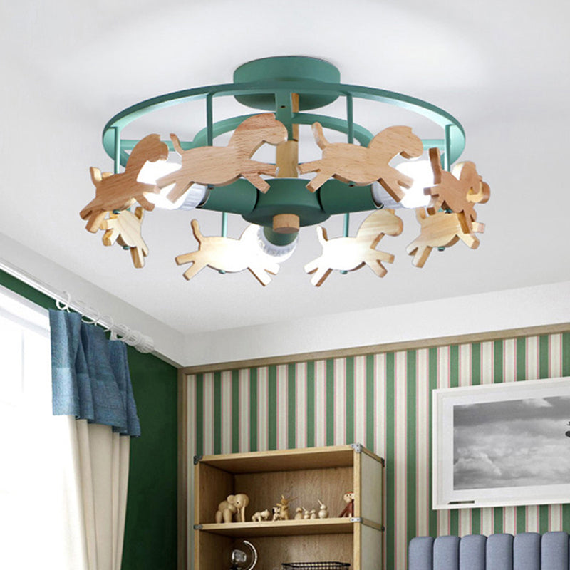 Macaron Merry-go-round Ceiling Light Metal Wood 3 Lights Green Semi Flush Light for Dining Room