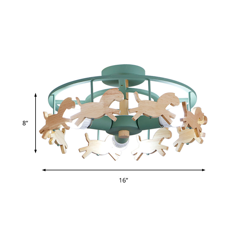 Macaron Merry-go-round Ceiling Light Metal Wood 3 Lights Green Semi Flush Light for Dining Room
